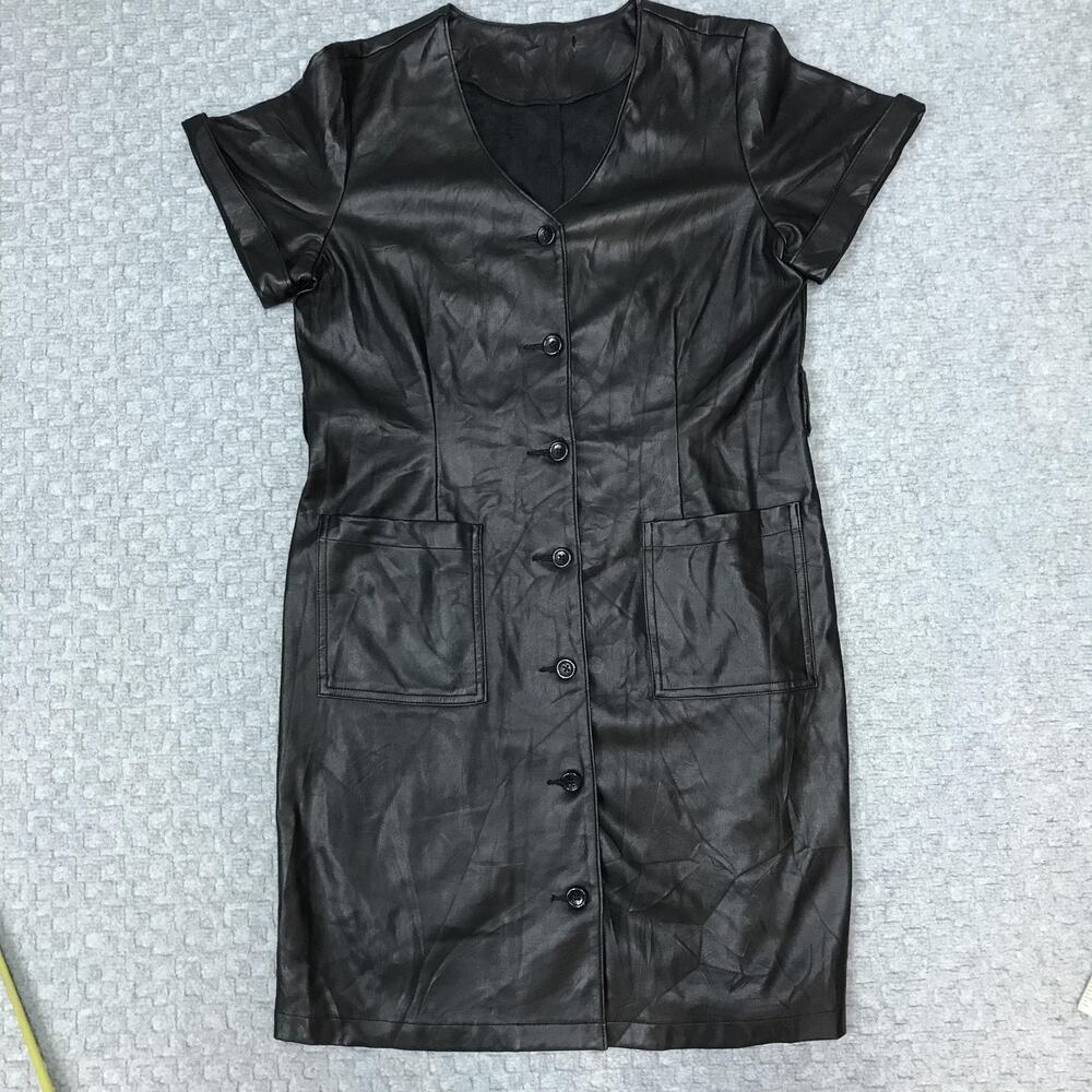 Faux Leather Dress Womens Medium Short Sleeve Button Front Pockets Edgy Modern